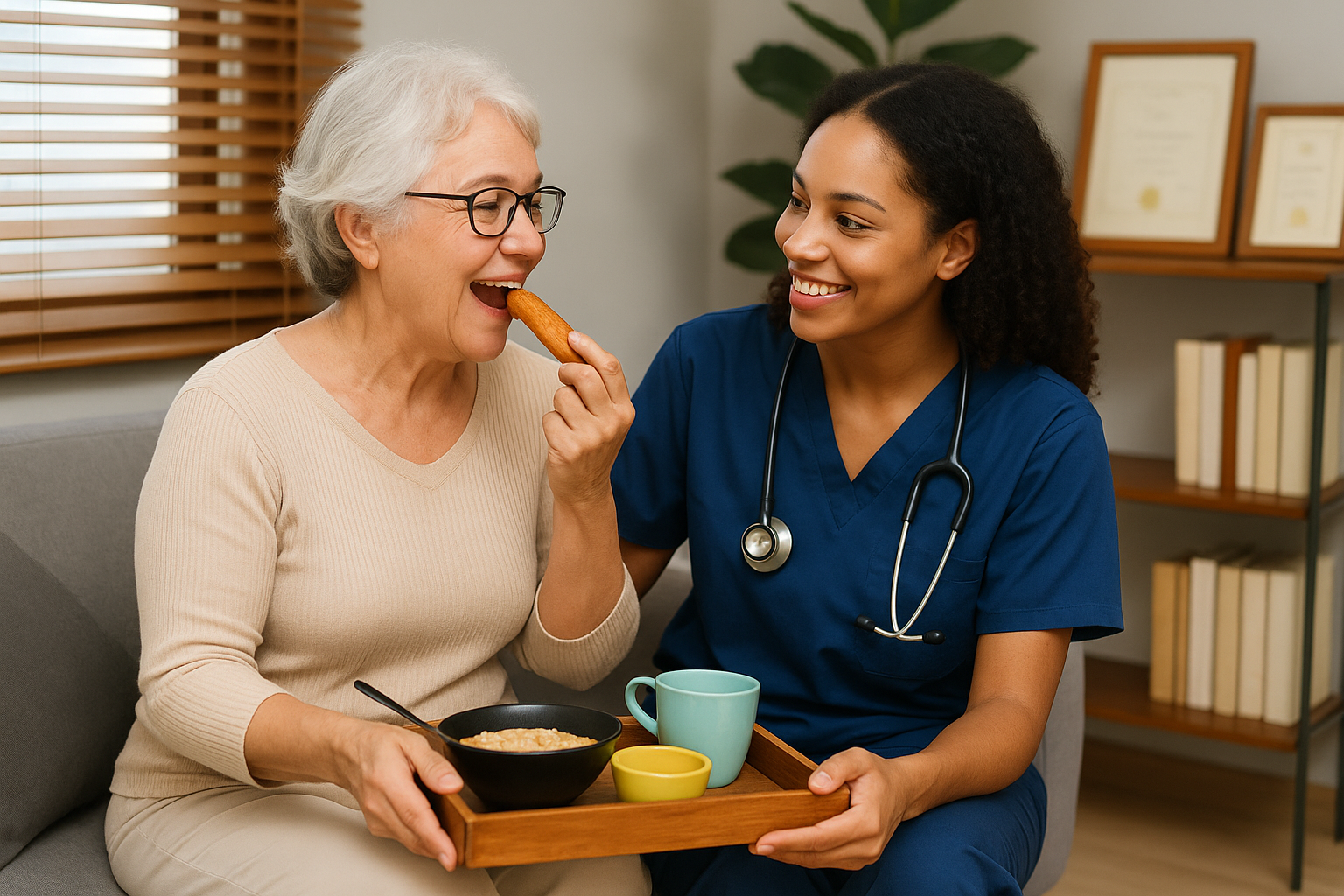 Professional caregiver preparing nutritious meal for senior in Gurnee home